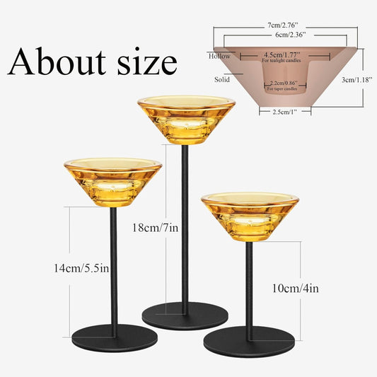 Smtyle Amber Glass Candlestick Holders Set of 3-Fits Taper, Tealight & Small Pillar Candles (H.5.1″ / 6.7″ / 8.3″), Table Centerpiece for Housewarming & Wedding Decor