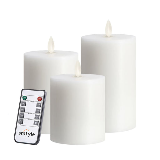 smtyle White Flameless Candles Flickering Realistic Bright Pillar Candle Light with Remote Control Timer Battery Operated 3x4/5/6 inch Pack of 3