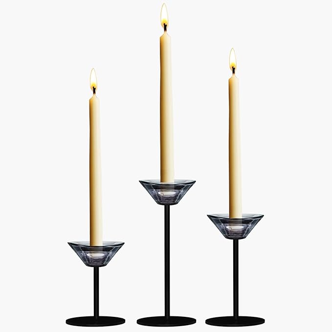 Smtyle Smoke Gray Tall Glass Taper Candle Stands, Compatible with Tealights & 2.4″ Mini Pillars, Set of 3 (H.5.1″ / 6.7″ / 8.3″) – Mantel Centerpiece, Wedding Decor