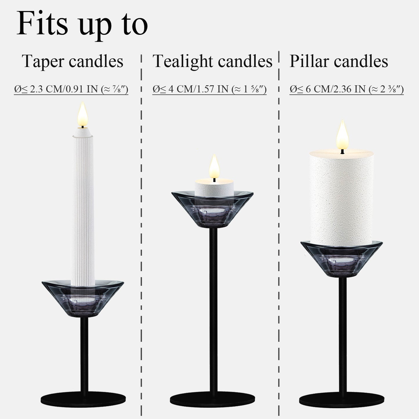 Smtyle Smoke Gray Tall Glass Taper Candle Stands, Compatible with Tealights & 2.4″ Mini Pillars, Set of 3 (H.5.1″ / 6.7″ / 8.3″) – Mantel Centerpiece, Wedding Decor