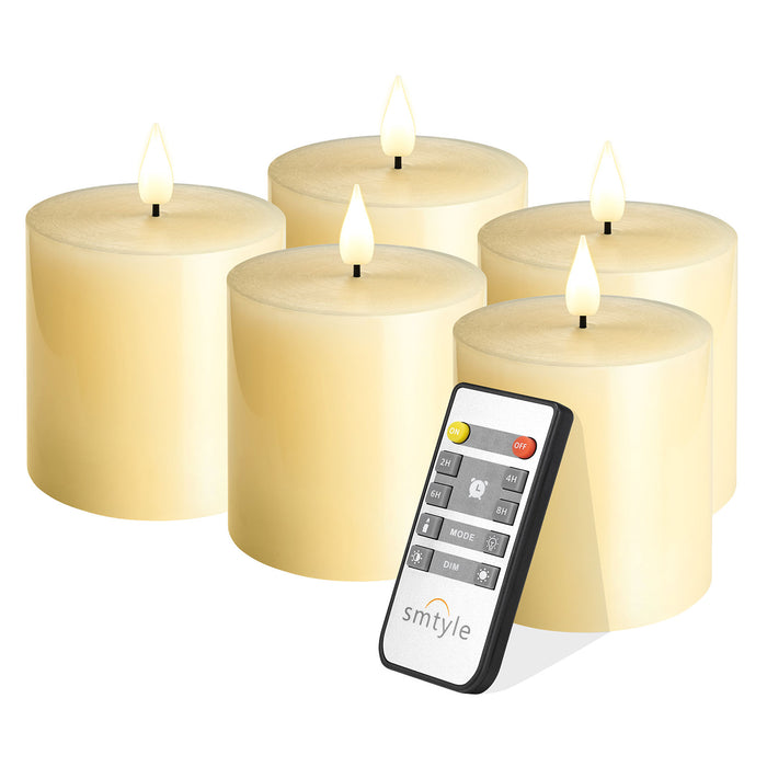 smtyle Flameless Candle with Battery Operated 3 X 3 Inch Real Wax Pillar LED Candle with 10 Key Remote and Cycling Timing Ivory Pack of  5