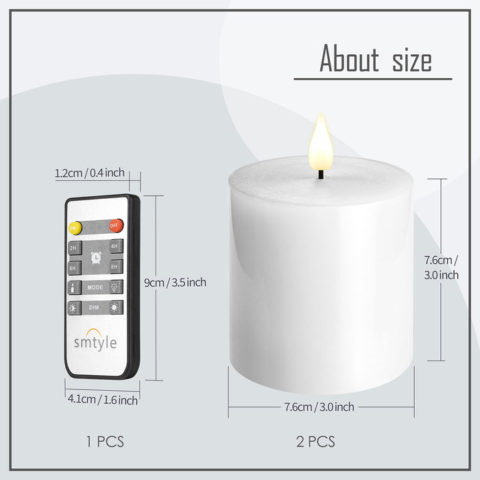 smtyle 3 X 3 Inch White Flameless Candle with Timer Battery Operated Real Wax Pillar LED Candle with 10 Key Remote and Cycling Pack of 2