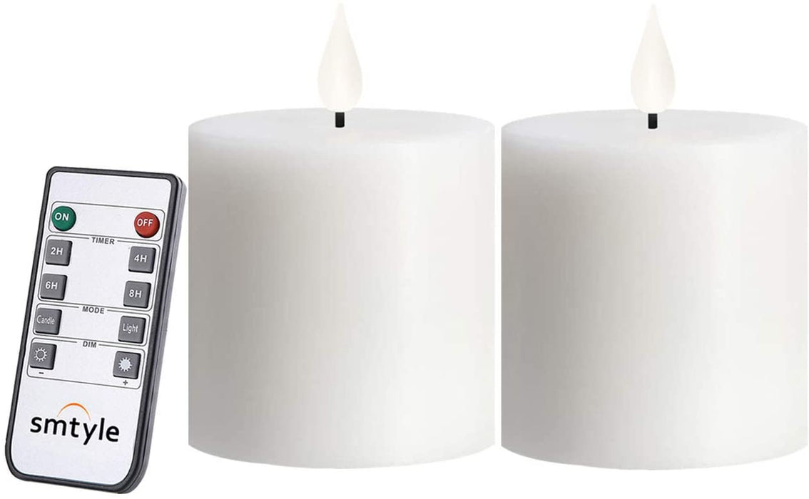 smtyle 3 X 3 Inch White Flameless Candle with Timer Battery Operated Real Wax Pillar LED Candle with 10 Key Remote and Cycling Pack of 5