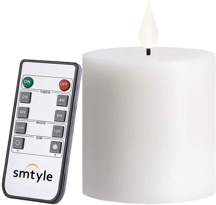 smtyle 3 X 3 Inch White Flameless Candle with Timer Battery Operated Real Wax Pillar LED Candle with 10 Key Remote and Cycling Pack of 5